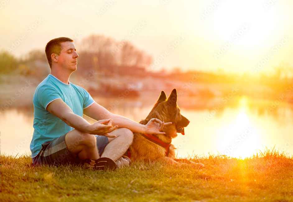 man meditating with dog by his side